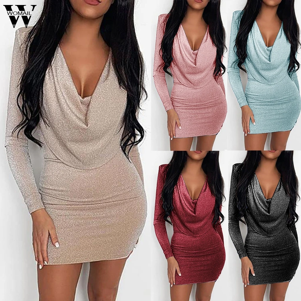 

Womail Dress Women 2019 fashion sexy V-Neck Sequin Long Sleeve Solid mini Dresses Party Elegant Casual Dress Evening holiday 919