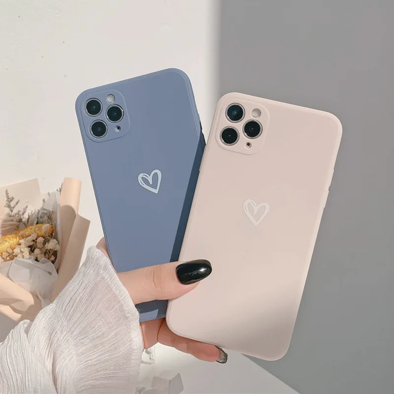 Simple Solid Color Love Heart Korean Phone Case For iPhone 11 Pro Max Xr X Xs max 7 8 Puls Se 2020 Cases Soft Silicone Cover