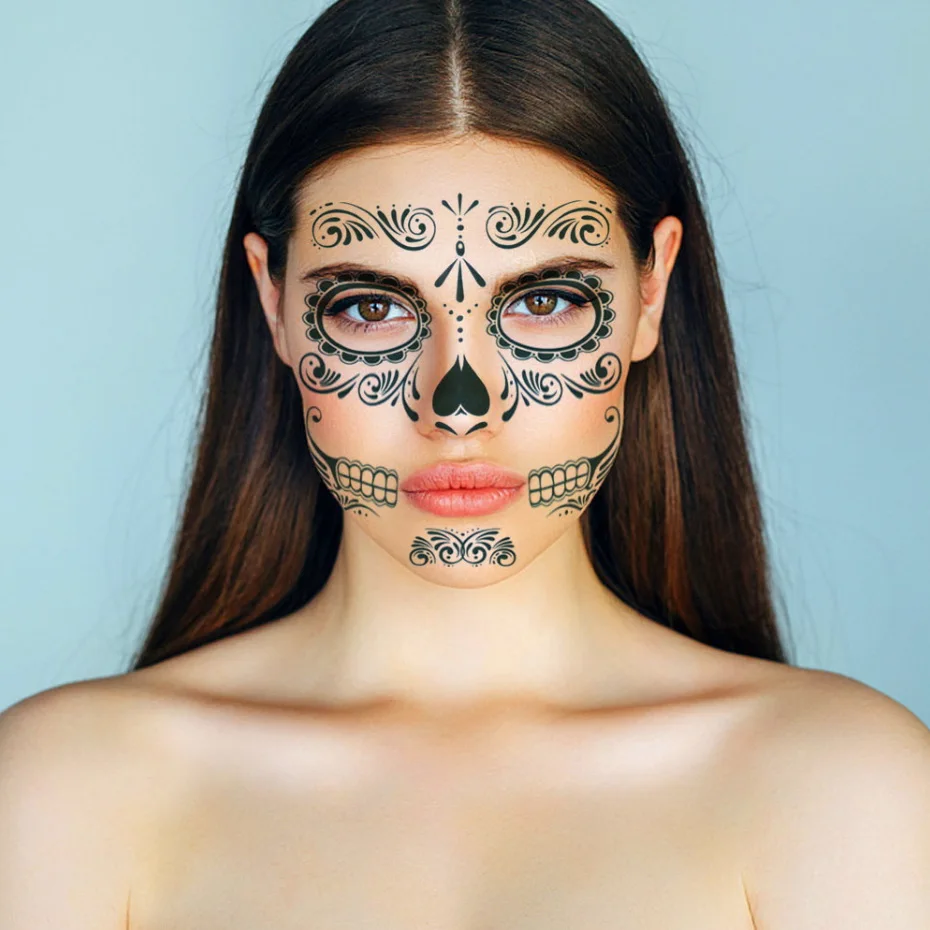 Мексиканский День мертвых сахарный череп лицо временная татуировка Хэллоуин Макияж татуировки наклейки на Хэллоуин маскарад Вечерние