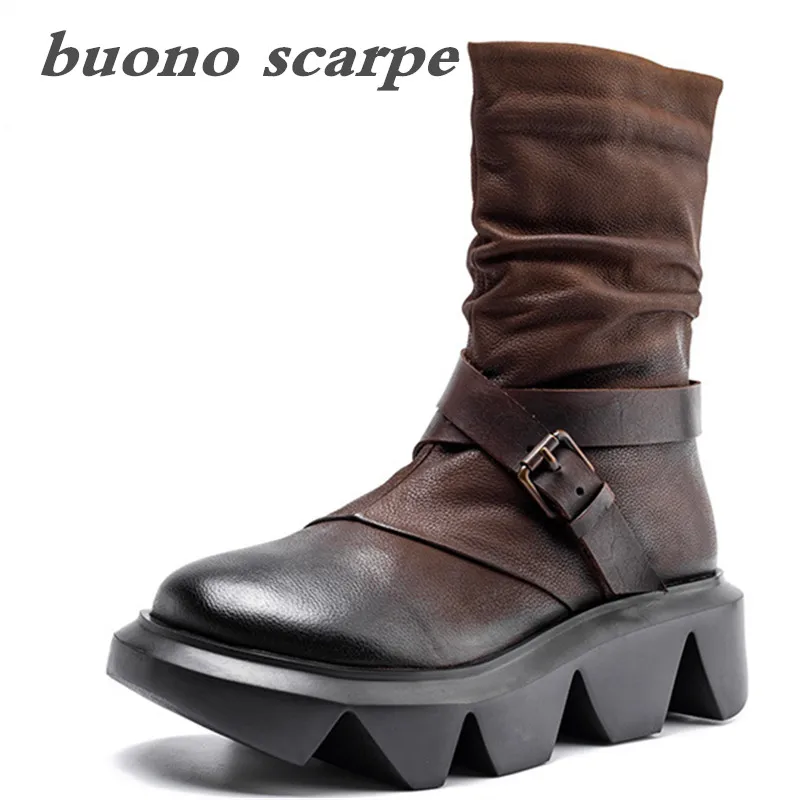 

2019 winter leather high heel boots top layer leather retro color thick warm cotton boots