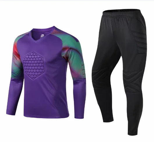 Purple shirt pants Высококачественный МОЛОДЕЖНЫЙ мужской футбольный вратарь трикотажный комплект спортивный костюм профессиональная губка защита вратарь Футбольная форма - Цвет: Purple shirt pants