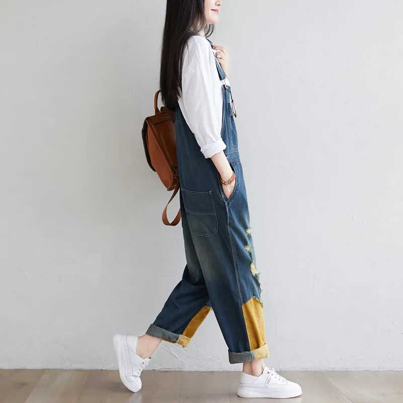 Ripped Jeans Jumpsuit Women Autumn 2020 Loose Denim Trouser Overalls Vintage Blue Pockets Plus Size Casual Bib Pants with Straps