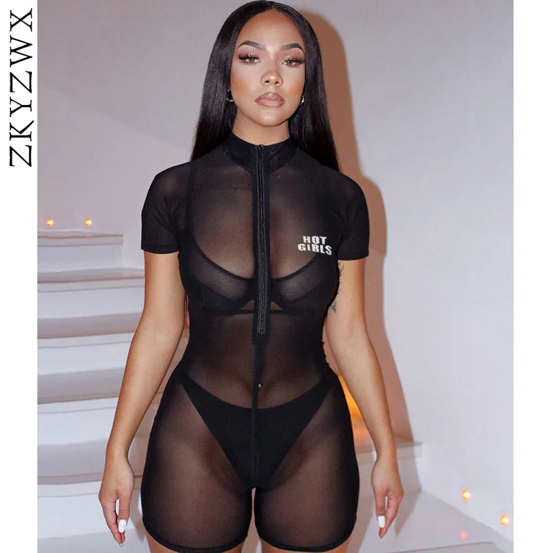 ZKYZWX сетка Перспектива письмо костюм с принтом коротким рукавом и молнией Bodycon