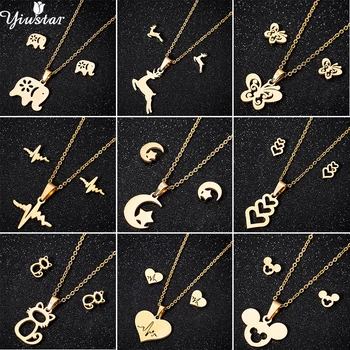 

Yiustar Stainless Steel Cheap Fashion Mickey Bridesmaid Jewelry Sets for Women Heartbeat Pendant Necklace Moon Earrings Set Gift