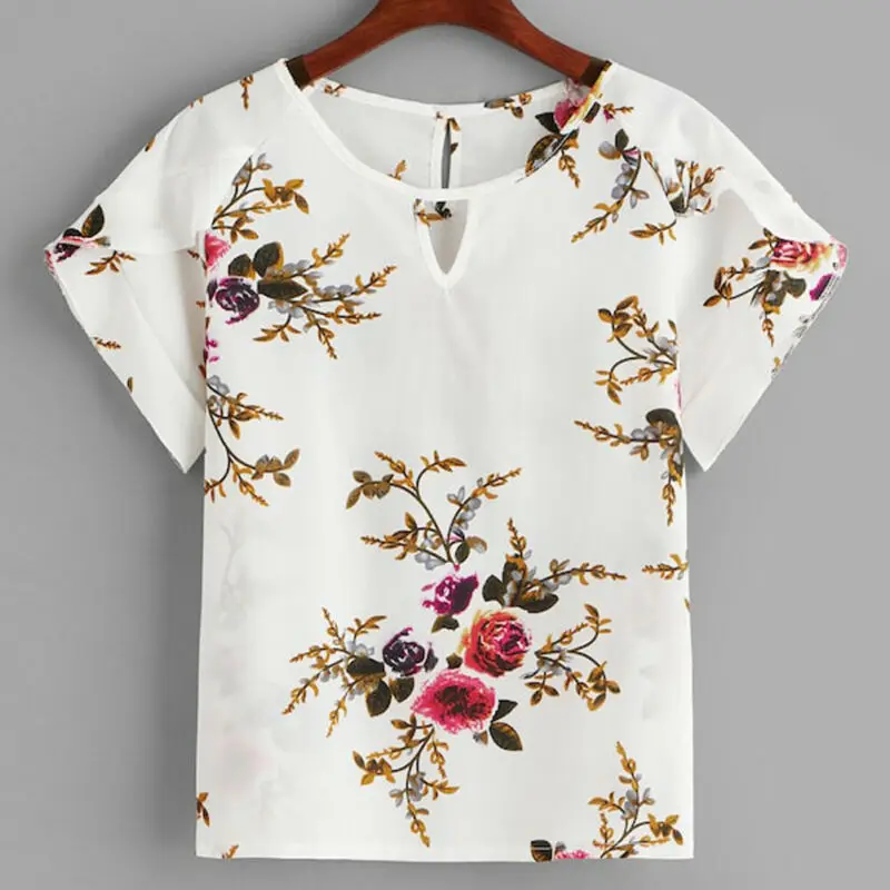 2019Womens Casual Tops Blouse Short Sleeve Crew Neck Floral T-Shirt Ladies 