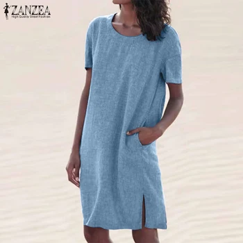 

Fashion ZANZEA Women Summer Short Sleeve Knee Length Dress Casual Crew Neck Split Hem Sundress Tunic Party Dresses Robe Vestido