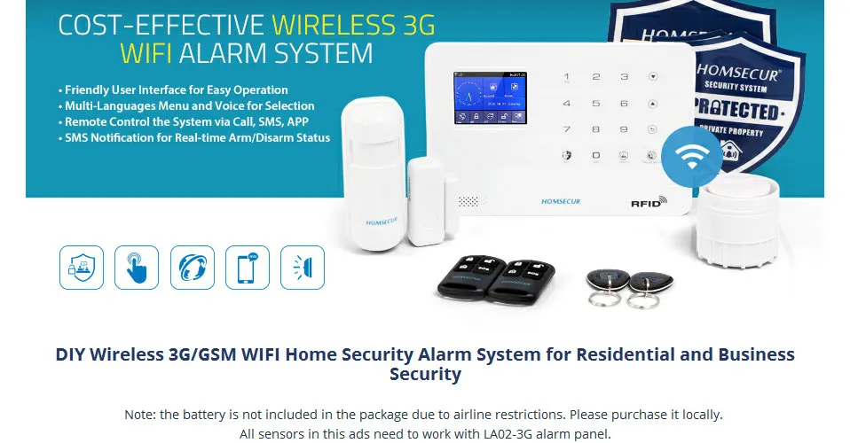 HOMSECUR DIY LA02-3g беспроводной lcd 3g/GSM RFID SMS Autodial домашняя система охранной сигнализации PIR дверной датчик дистанционного управления опционально