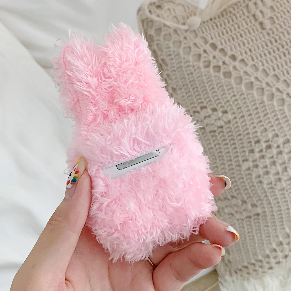 AZiMiYO Cute Fluffy Bluetooth Earphone Case for AirPods Cover Plush Bunny Plush Protective Cover for Apple Air Pods Case