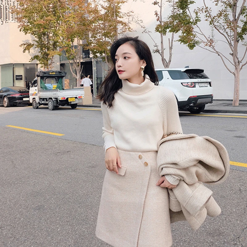Elegant Faux Wool Jacket And Skirt Set Solid Color Double Breasted Women Manteau Coat New Autumn Winter Woolen Two-piece  Skirt 5