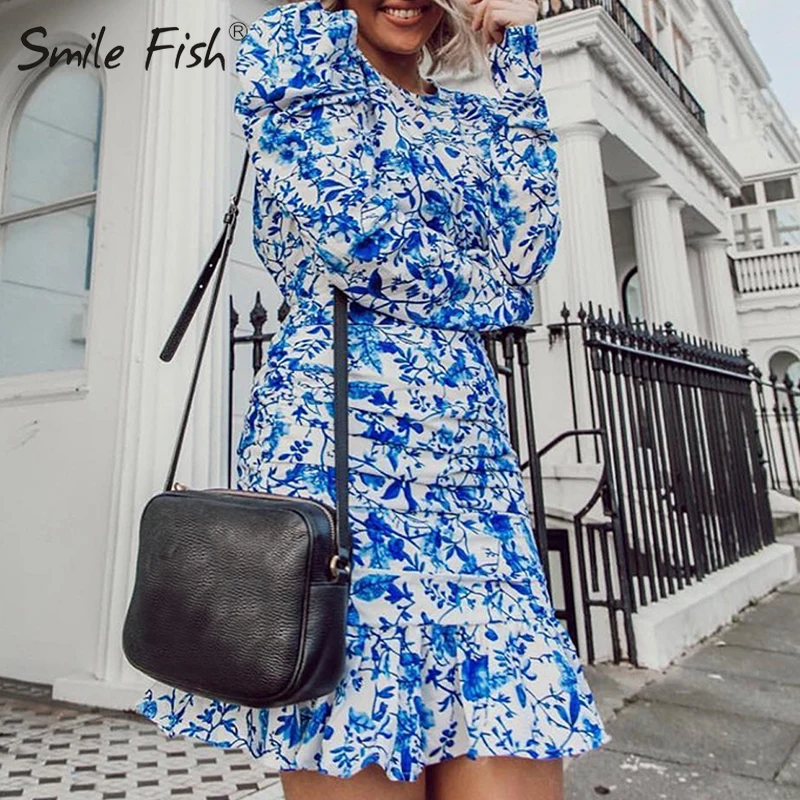 

Puff Sleeve Floral Print Mini Frill Hem Dress Party Autumn Lady Dress Ruffle Elegant Women Backless Bandage Holiday Jurken GV066