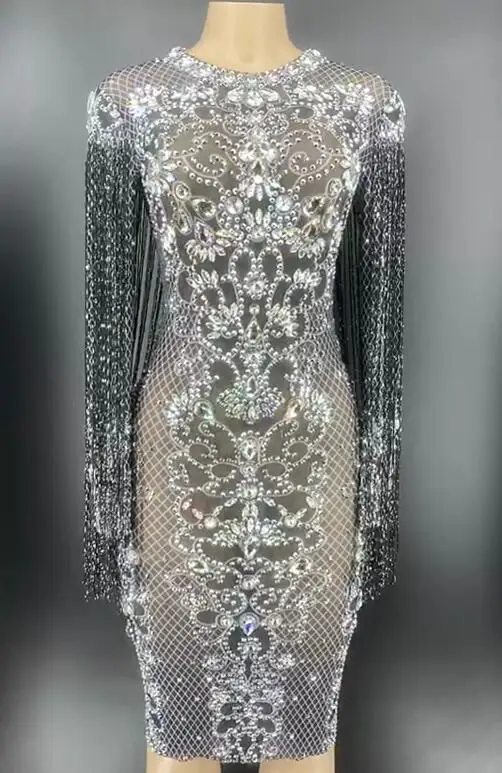 Серебряные стразы, черная бахрома, Прозрачное платье, платье для дня рождения, платье для выпускного вечера, наряд для бара, женское платье для танцев YOUDU