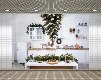

Lyavshi background Christmas kitchen cabinets white brick wall wood floor decoration photo studio photography background