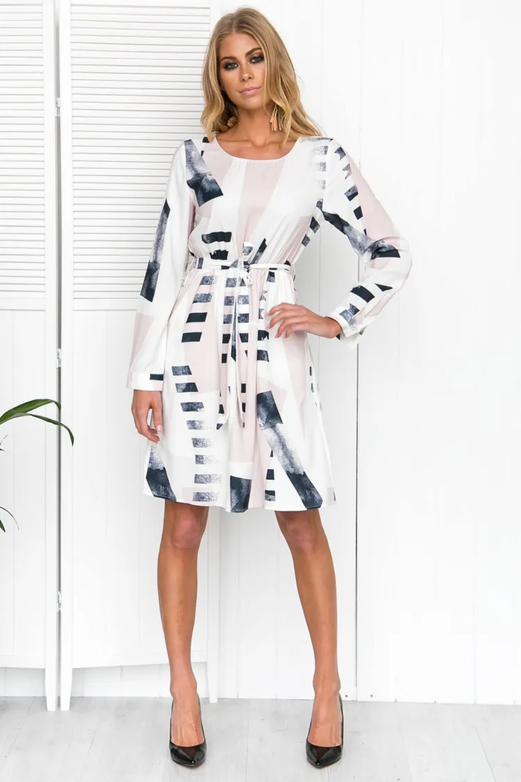 

Europe And America Colored Geometric Blocks Long Sleeve Floral Printed Dress