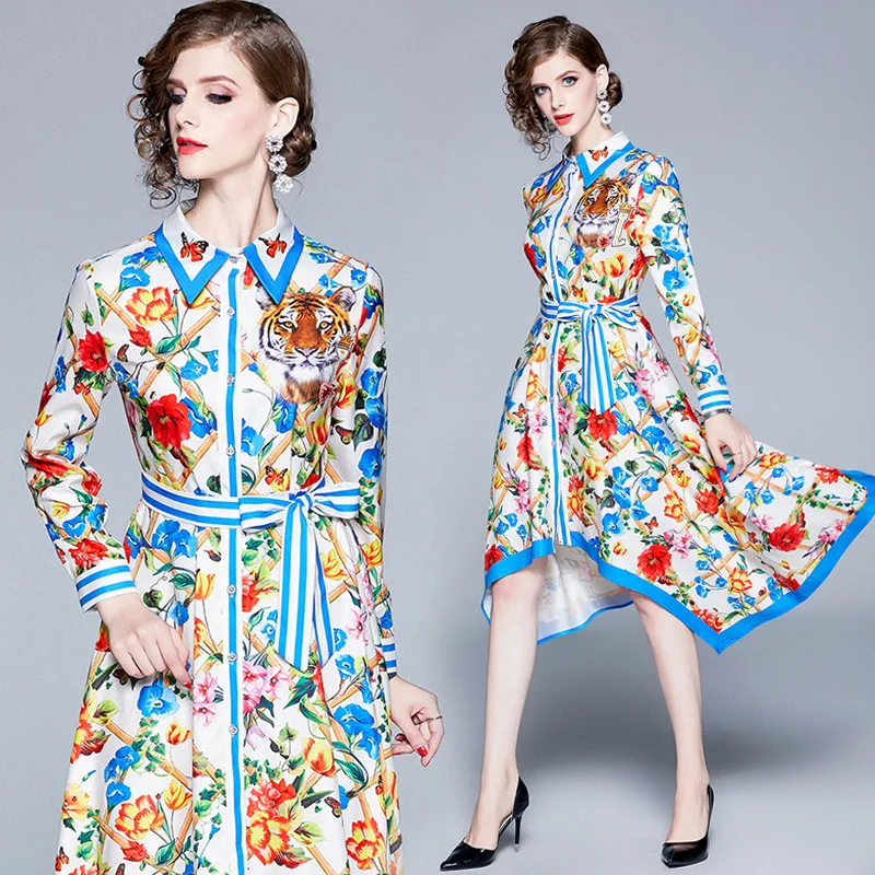 

Photo Shoot-Europe And America Versitile Fashion Waist Hugging Slim Fit Slimming Positioning Floral Printed Dress Shirt Women's