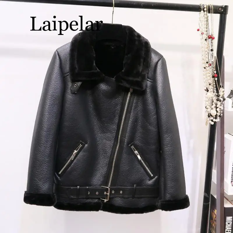 Laipelar/новое пальто в стиле ретро с отворотом и бархатной подкладкой из меха, теплая Модная мотоциклетная куртка из искусственной кожи, мех ягненка - Цвет: Black