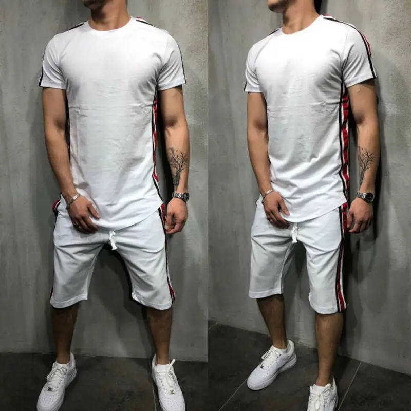 

2020 HOT Summer American Football Fitness Suit Mens Striped Tracksuit Jogging Top Bottom Sport Shirt Suit Trousers Pants Set