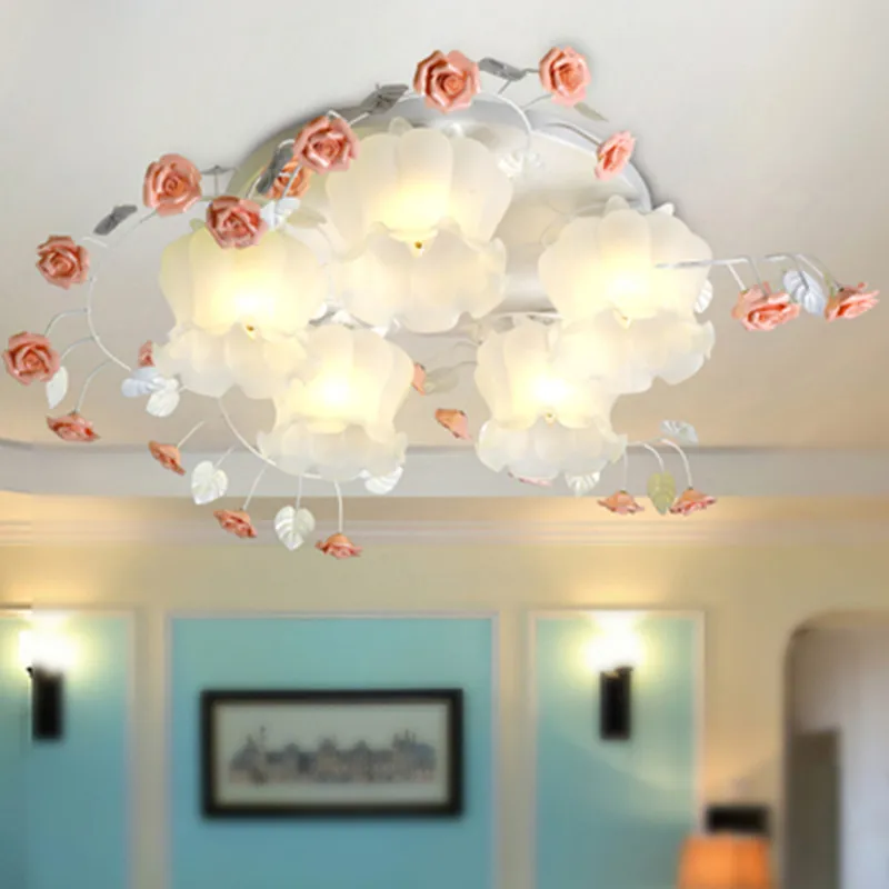 

American Rural Flower Ceiling Lights LED Rose Lights Glass Shade Home Living Room Rural Ceiling Lamp Girls Bedroom Lights D67