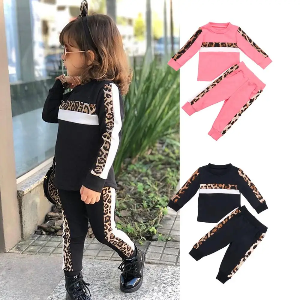 1-7Y Kids Girls Clothing Set Leopard Tracksuits Long Sleeve Hoodies Sweatshirts + Pants