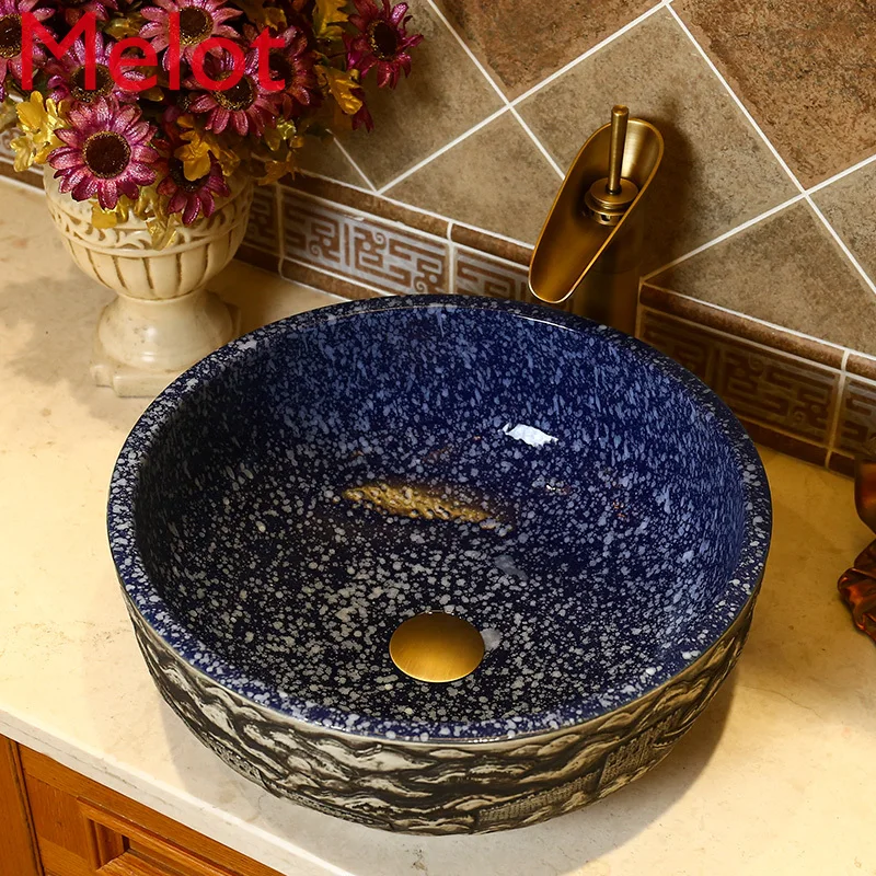 

Chinese Style Retro Table Basin Household Wash Basin Ceramic Art Table Basin round Basin Bathroom Wash Basin Single Basin