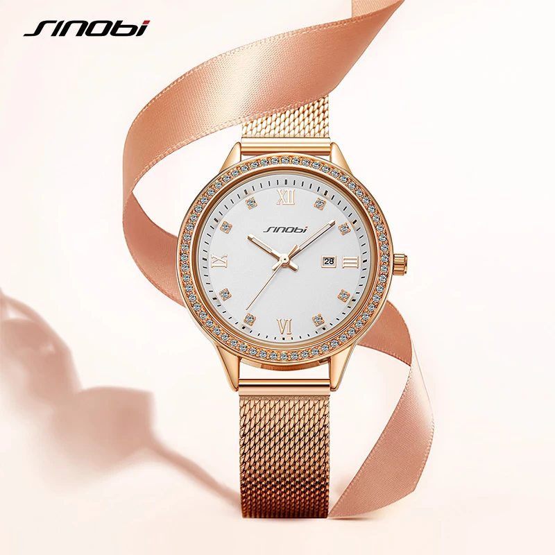 SINOBI Fashion Diamond Woman Watches Golden Women Quartz Wristwatches Elegent Ladies Calender Gift Box Clock Relogio Feminino