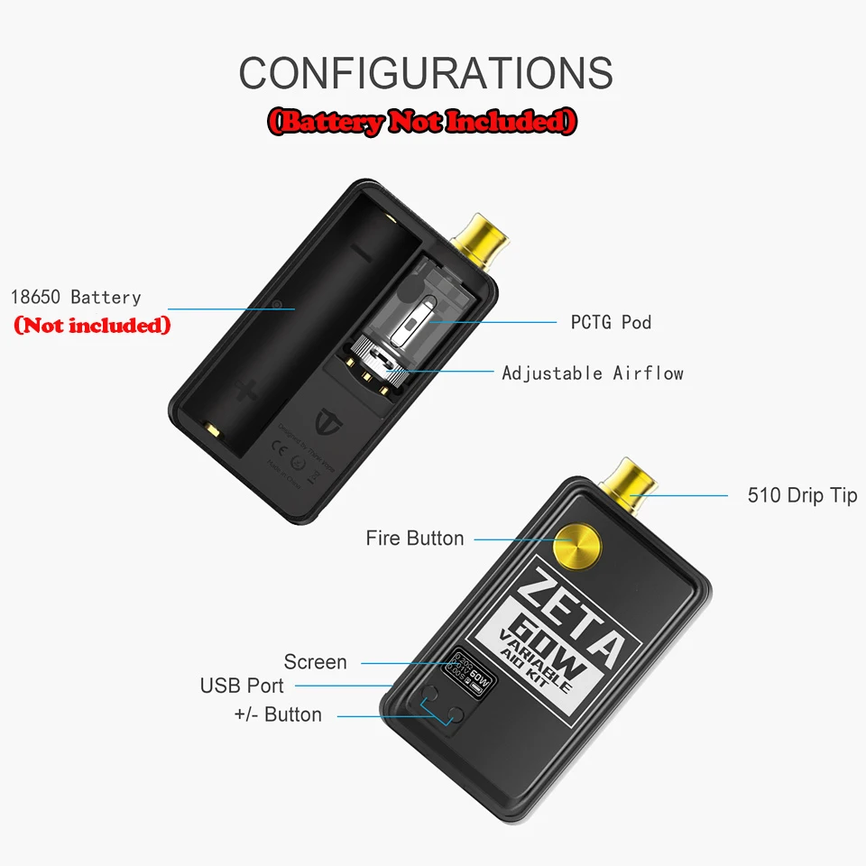 Think Vape ZETA AIO 60 Вт комплект питание от 18650 батарея мод с 3 мл Pod картридж