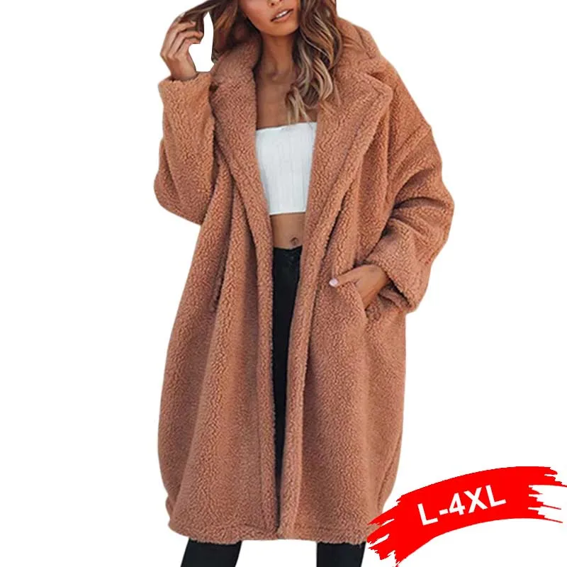 

Plus Size Elegant Pockets Coffee Shaggy Faux Fur Coat Streetwear 4Xl 3Xl Winter Warm Plush Teddy Coat Female Lamb Overcoat Party