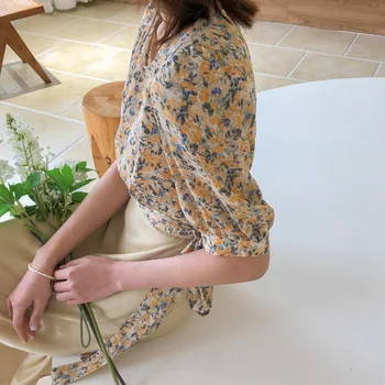 

Floral Printed Chiffon Shirt Women Lantern Sleeve Short Design Women's Shirts 2020 Summer Fashion Woman Blouse