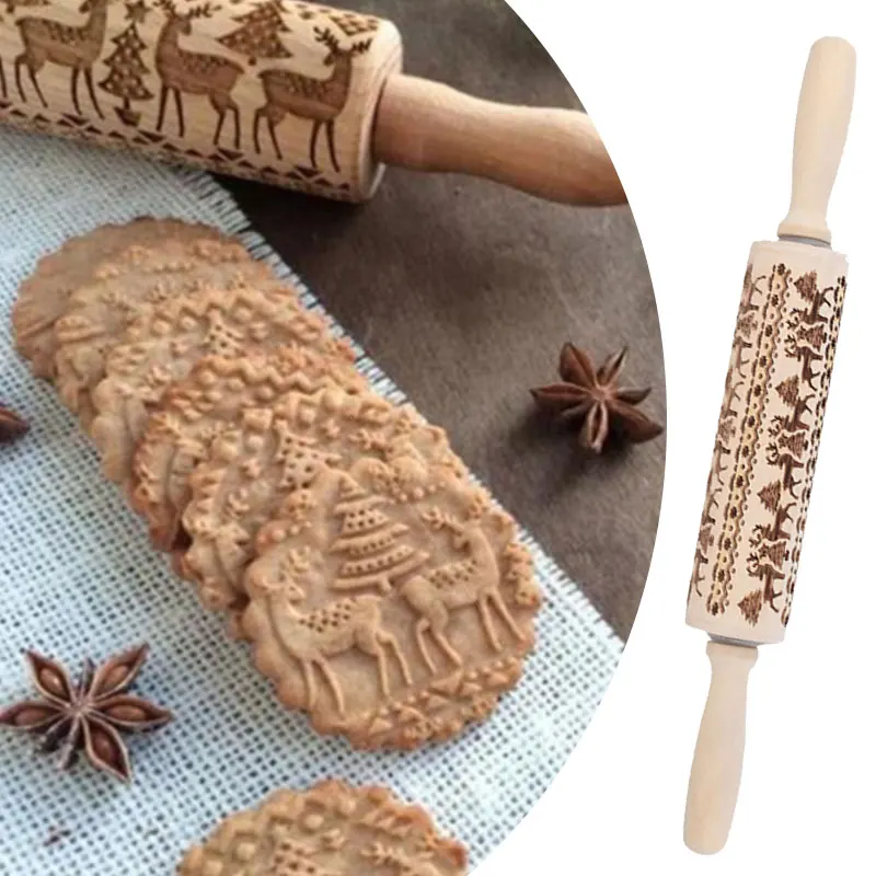 Скалка для выпечки с рисунком, Рождественская деревянная Скалка, Скалка, резьба по дереву, сделай сам, красивый торт