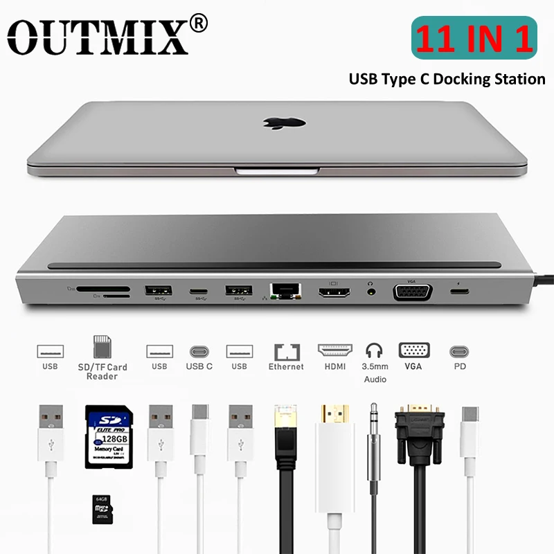 OUTMIX Тип C концентратор к HDMI USB 3 0 док станция VGA RJ45 адаптер конвертер PD Зарядка для