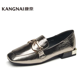 

KANGNAI Moccasin Loafers Women Square Toe Slip-On Female Metal Decoration Ladies Low Heel Shoes