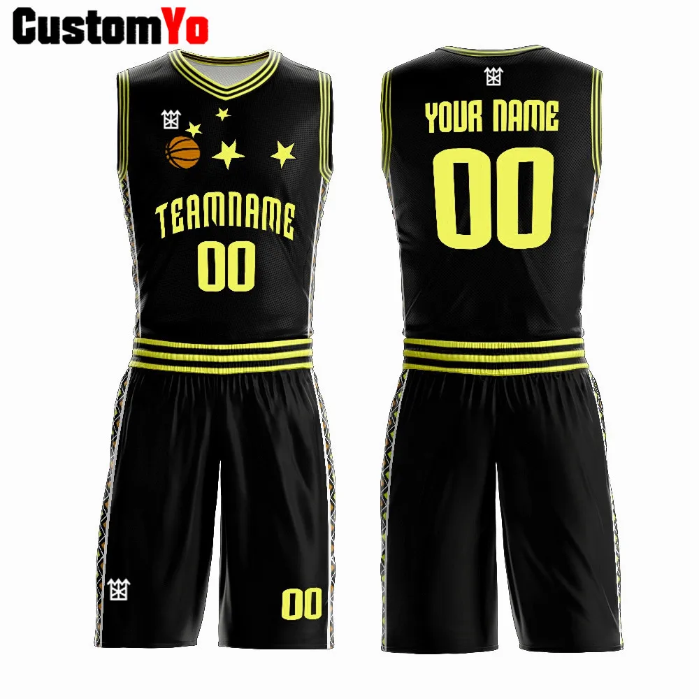 Модный дизайн на заказ желтый красный зеленый белый баскетбольные рубашки сублимационная Двусторонняя баскетбольная форма - Цвет: Black Yellow