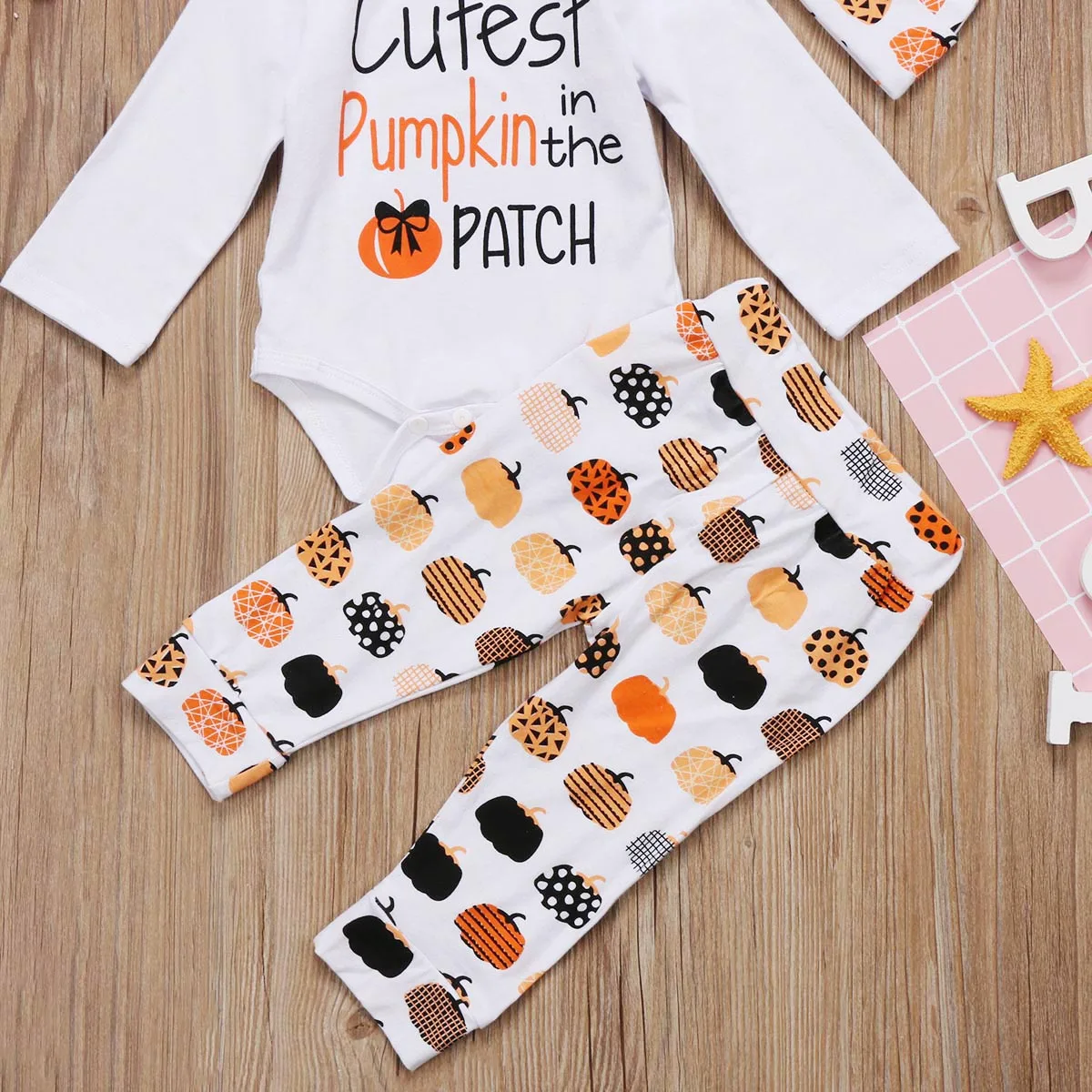 Newborn Baby Halloween Costume Clothes Infant Girls Boys Letter Long Sleeve Romper+Print Pants+Hat+Headband 4pcs Toddler Outfit