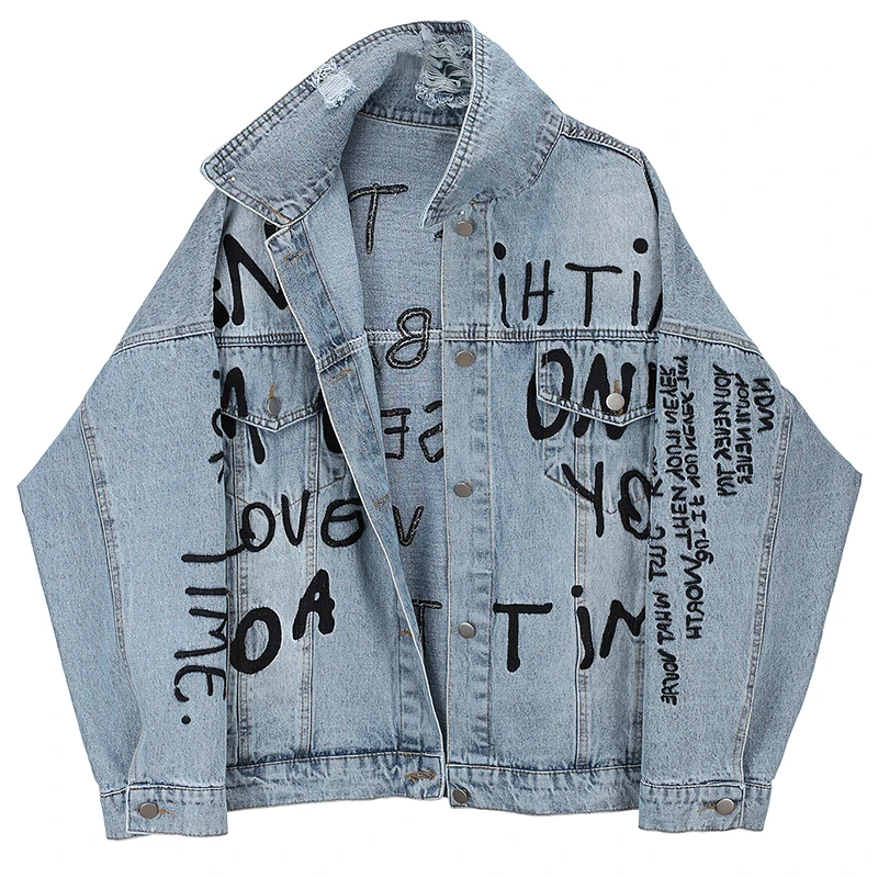 Letter Print Jeans Coat Women Spring 2020 New Style Fashion Retro Hong Kong Flavor Loose-Fit Frayed Washing Denim Jacket | Женская