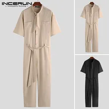 INCERUN, модный мужской комбинезон-карго, Свободный комбинезон с поясом, однотонный цвет, уличная одежда, штаны для бега, короткий рукав, повседневный комбинезон