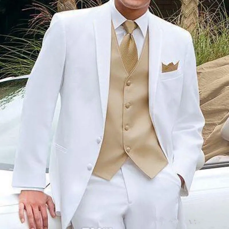 Свадебные смокинги белого и золотого цвета для мужчин, сценическая одежда, новейший Блейзер, 3 предмета, с зубчатым отворотом, на заказ, мужские костюмы, пиджак, брюки, Золотой жилет - Цвет: as image