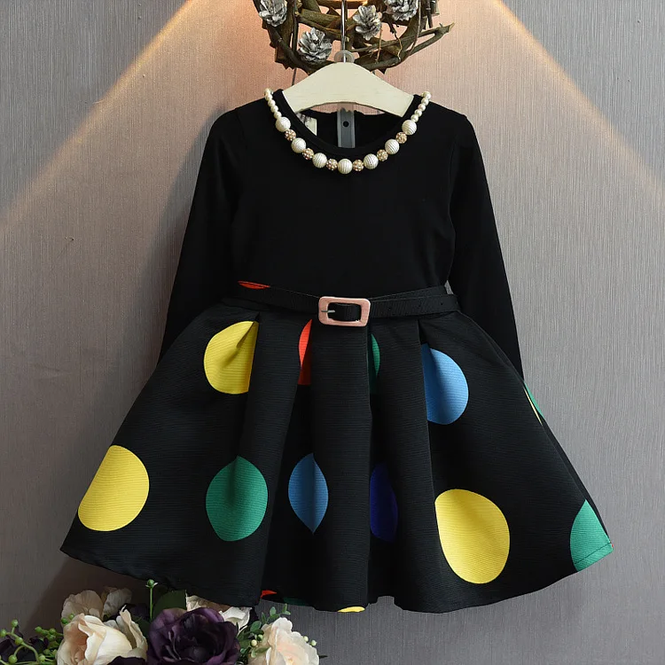 

2020 Girls Kids Belt Stitching Black Princess Dresses Long Sleeve Polka Dot Dress Children Spring Autumn Party Wedding Clothing