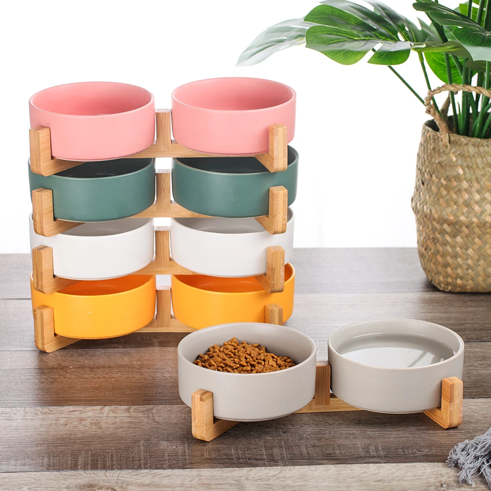 

Ceramic Cat Dog Bowl Dish with Wood Stand No Spill Pet Food Water Feeder Cats Small Dogs