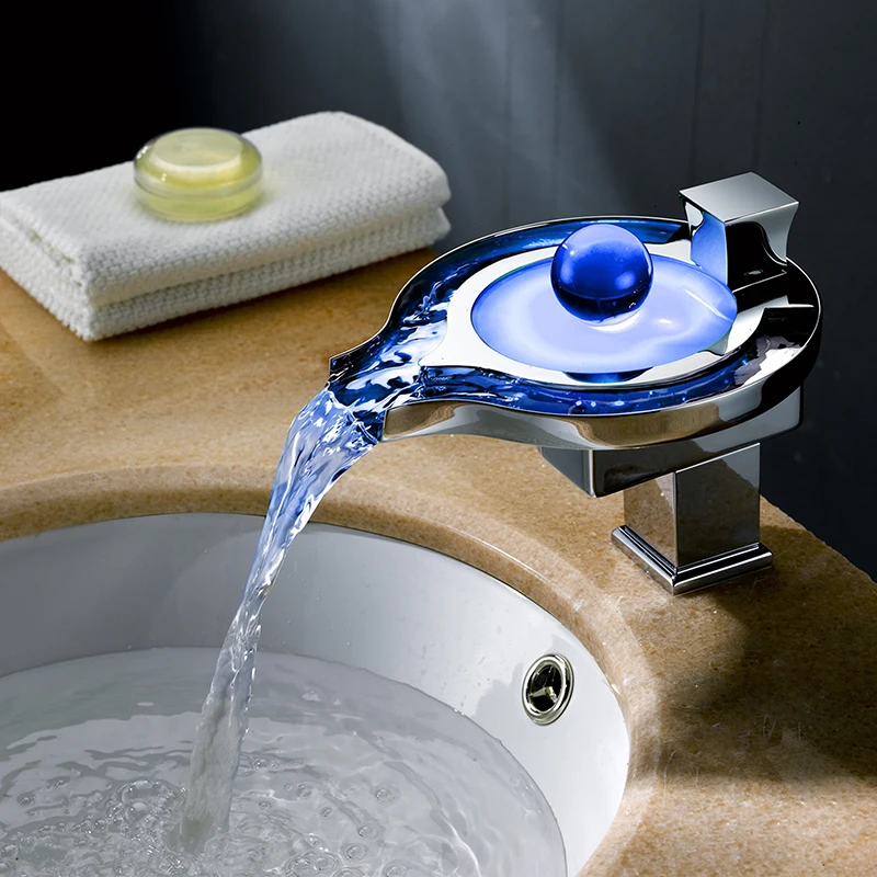

LED Glowing Pearl waterfall Basin Faucet.Single handle Chrome LED Water light Deck Mounted basin sink Mixer Tap for Bathroom.