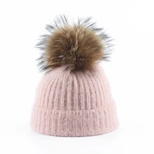 Ангольская вязаная шапка из кроличьего меха с настоящим меховым помпоном шапка Skullies beanie зимняя женская шапка