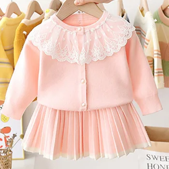 

Girl Clothes Set 2020 Autumn Winter Long Sleeve Lace Doll Collar Warm Sweater + Pleated Skirt 2pcs Toddler Sweet Kids Clothes