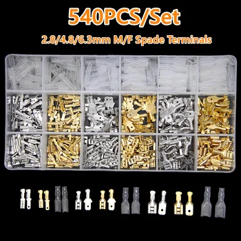 

540Pcs/lot 2.8/4.8/6.3mm Female and male Crimp Terminal Connector Gold Brass/Silver Car Speaker Electric Wire Connectors Set