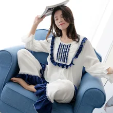 2 шт. Симпатичные пижамные комплекты хлопковые пижамы для женщин Дворцовая домашняя служба с длинными рукавами и штаны Женская кружевная Пижама с цветочным рисунком