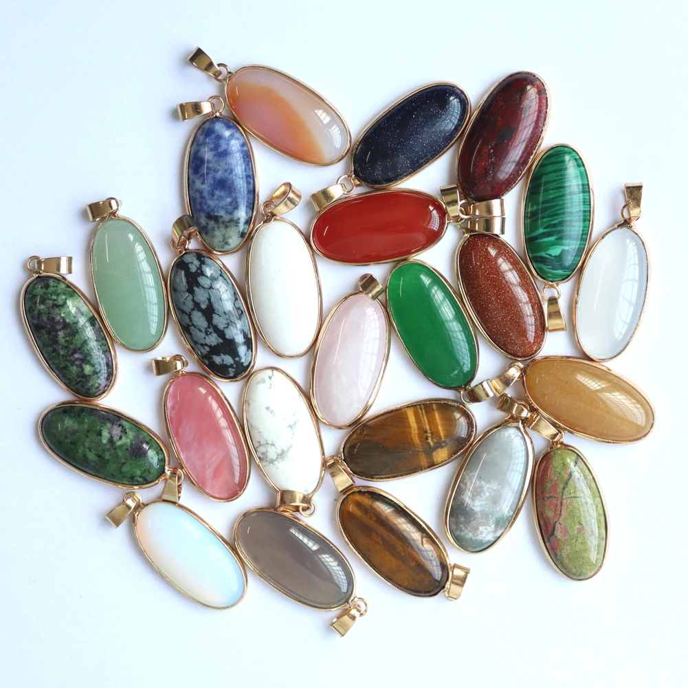 

12pcs/lot Oval Phnom Penh Natural Stone Necklace Pendant For Wholesale Quartz Pendants Chakra Energy Meditation Pendulum