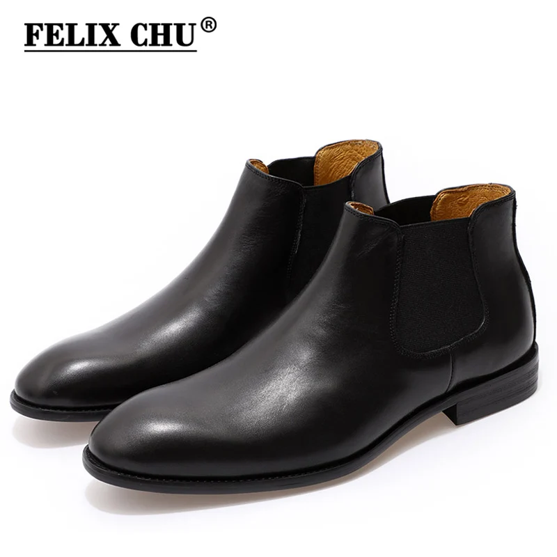 

FELIX CHU 2019 Genuine Leather Chelsea Boots Mens Slip-On Plain Toe Black Ankle Boot Men's High Top Dress Shoes Street Fashion