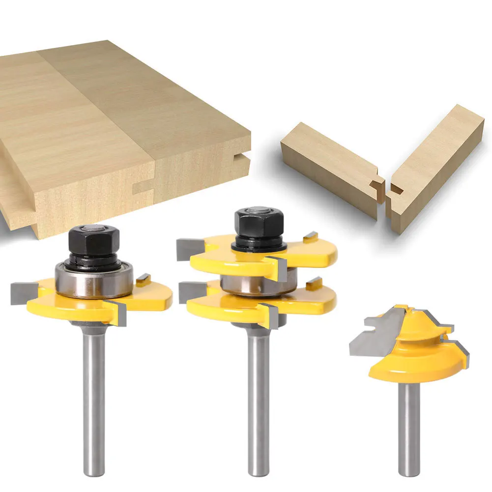 

3-piece Set of 45-degree Tenon Knives + 3-tooth T-type Tenon Knives 1/4 Handle 6mm Shank Jigsaw Knife Floor Knife