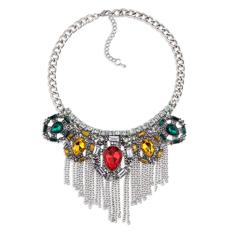

Europe And America Exaggeration Luxury Inlaid Gemstone Crystal Glass Tassels Short Necklace Outbound Hot Selling Nk-01435