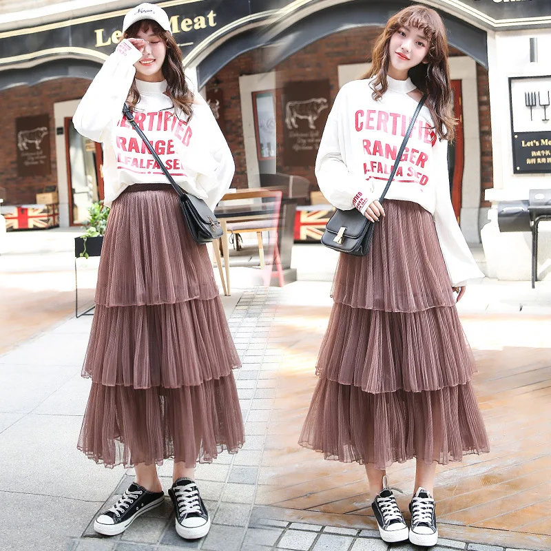 

Skirt Gauze Women's Puffy Cake Dress 2019 Autumn New Style High-waisted Mid-length A- line Fairy Skirt Mesh Dress Women's