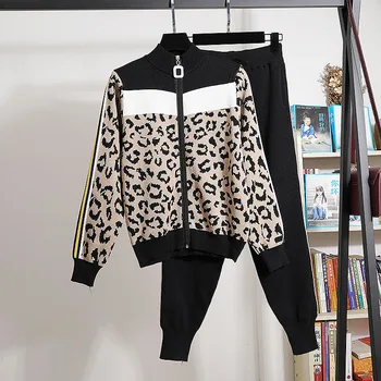 

Korean Autumn Knitted Tracksuit 2 Piece Set Women's Leopard Cardigans Tops + Pants Two Piece Set Knit Sweatshirts Sporting Suit