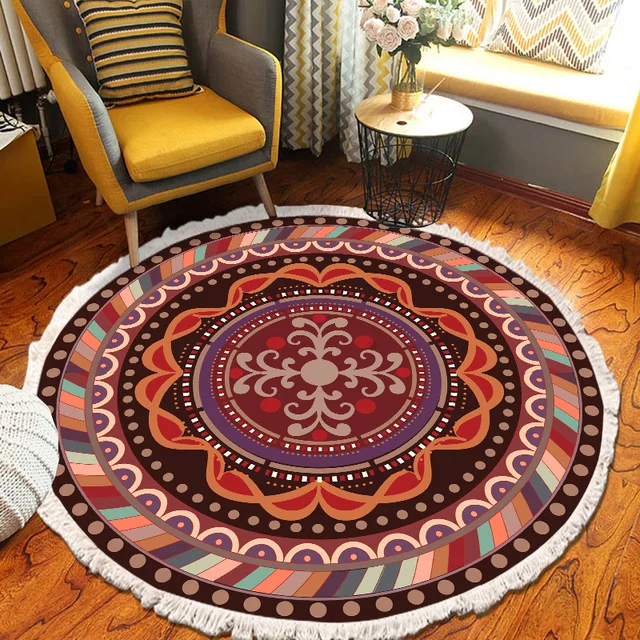​Home Decor Retro Bohemian Round Carpet Hand Woven Cotton Linen Carpet Rug Bedside Rug Geometric Floor Mat Living Room Carpet I
