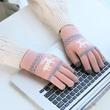 Antypoślizgowy ekran dotykowy śliczne dziewczęce rękawiczki Knitting wełna Fawn wzór rękawiczki ochrona przed zimnem zagęścić marka projektant ciepłe rękawiczki(China)